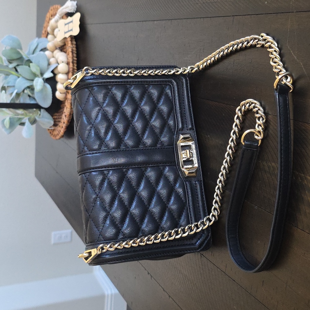Rebecca Minkoff Love Crossbody Black Quilted Handbag with Gold Chain